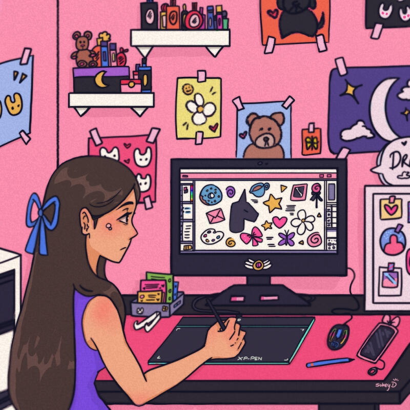 This was created in 2023. This is an original artwork. A cartoonish look to the artwork.