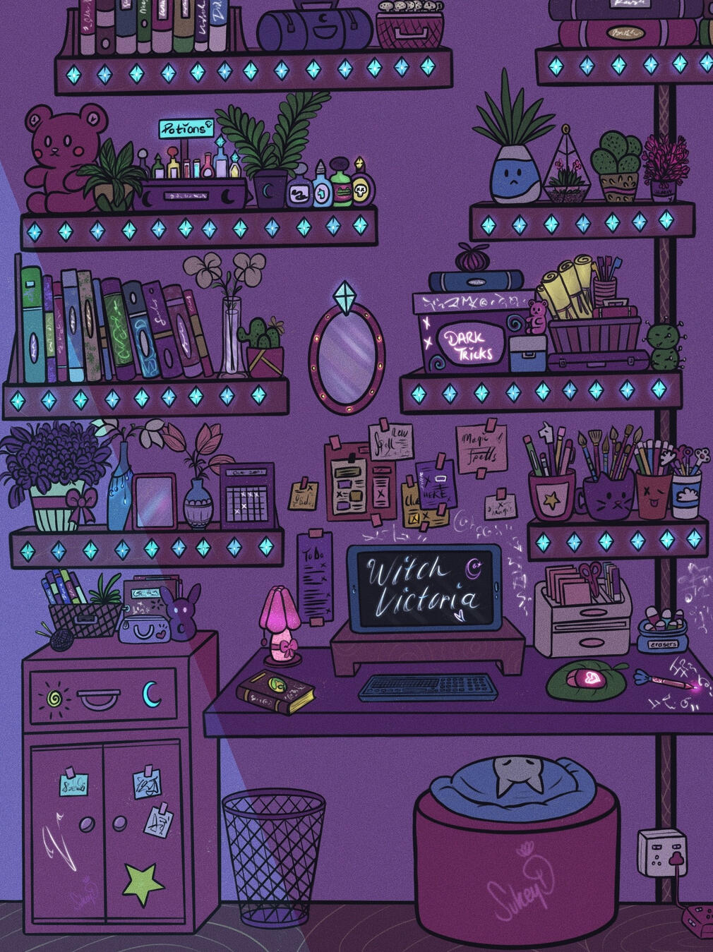 This is an Original Artwork of Witch's Desk at night. This was created in 2021.