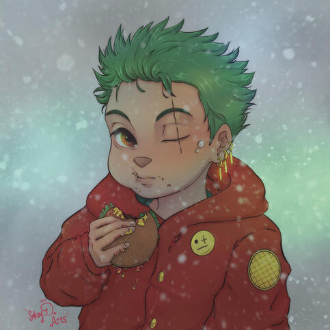 Zoro eating in the snow while others are asleep. Created in 2025. This is a fanart of Zoro from One Piece.