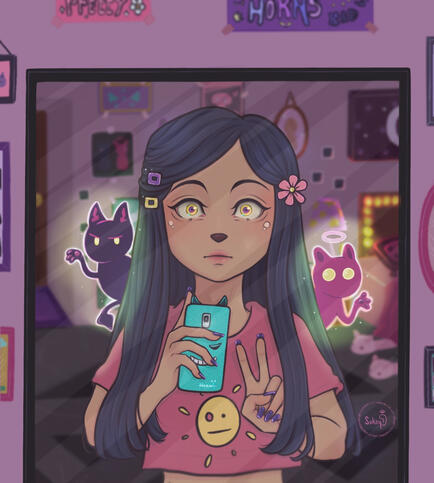 This is a original artwork of a girl decing on being good or evil with her little friends Horns. Created in 2021.