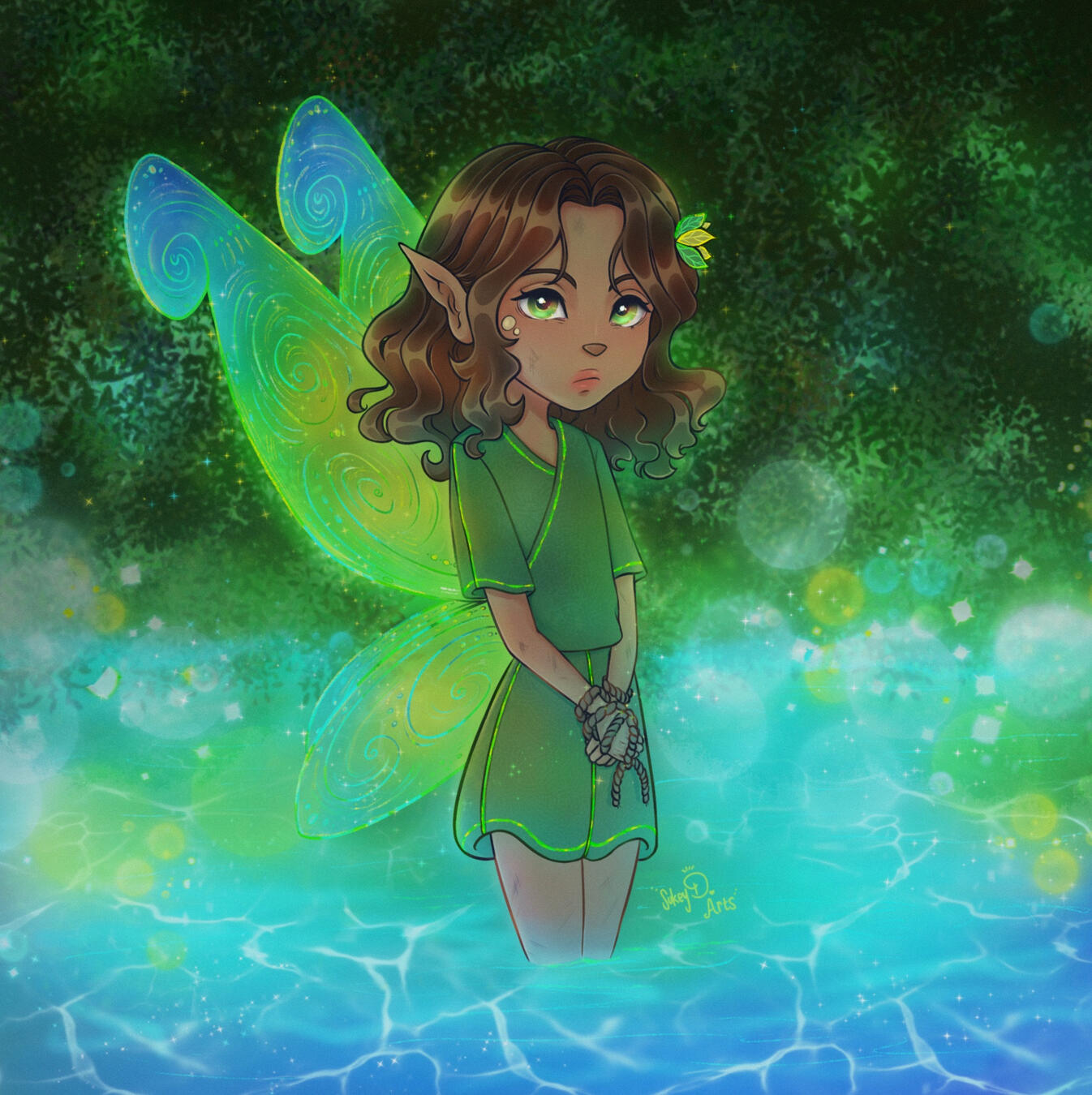 This is my OC Fairy named Holly 💚🌱✨ She’s in timeout because she keeps getting into trouble. 🌻 Created in 2025.
